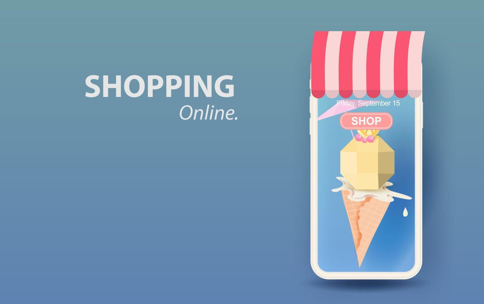 3D Paper art and craft of Ice cream vanilla cone melting for Mobile shopping online summer season concept your text space background vector.Facade of shop smartphone with colorful pastel background. vector