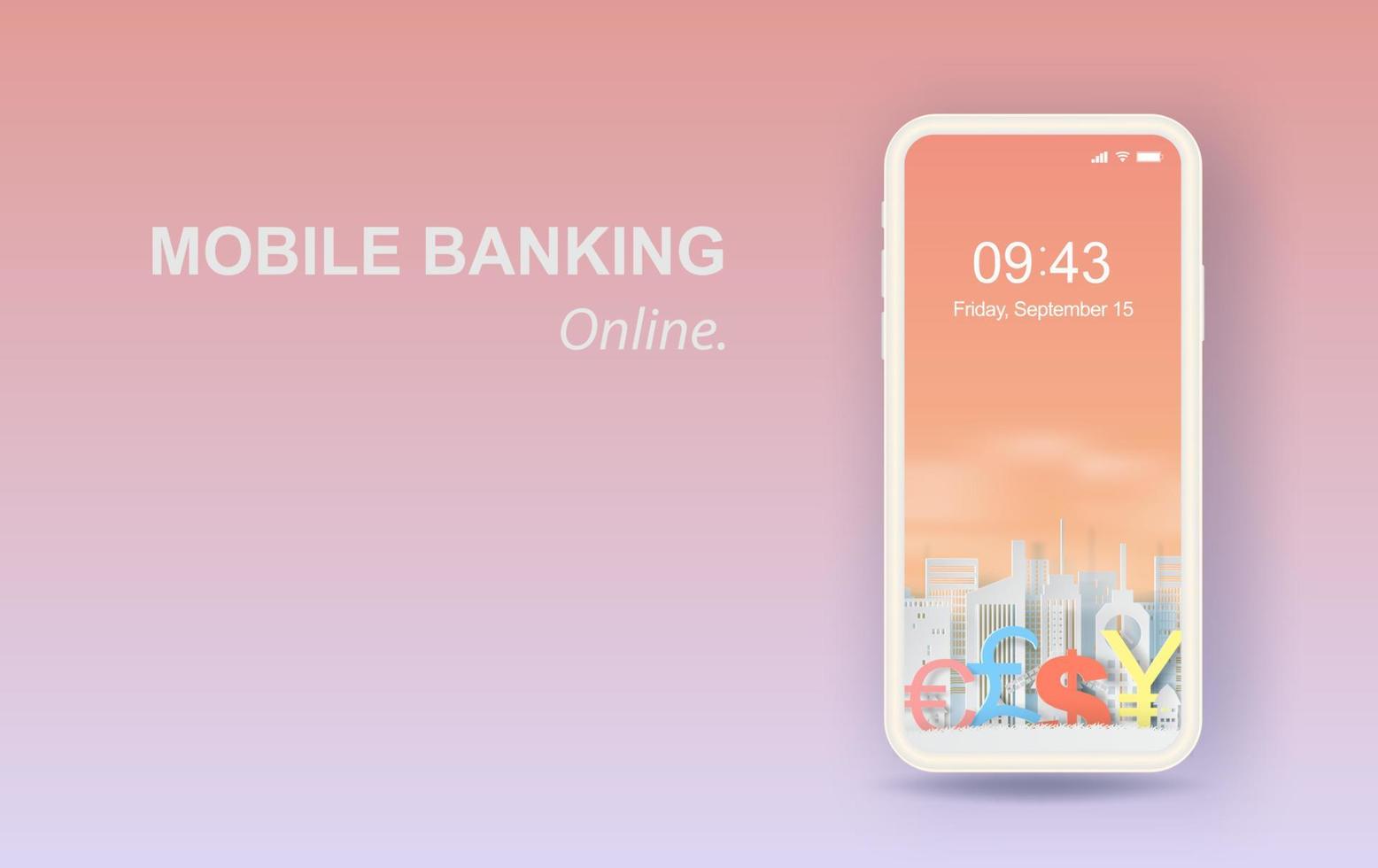 3D Paper art and carft of business finance for Mobile or smartphone banking online concept your text space background vector.Cityscape and lanscape with orange pastel color.illustration,sweet,cute vector
