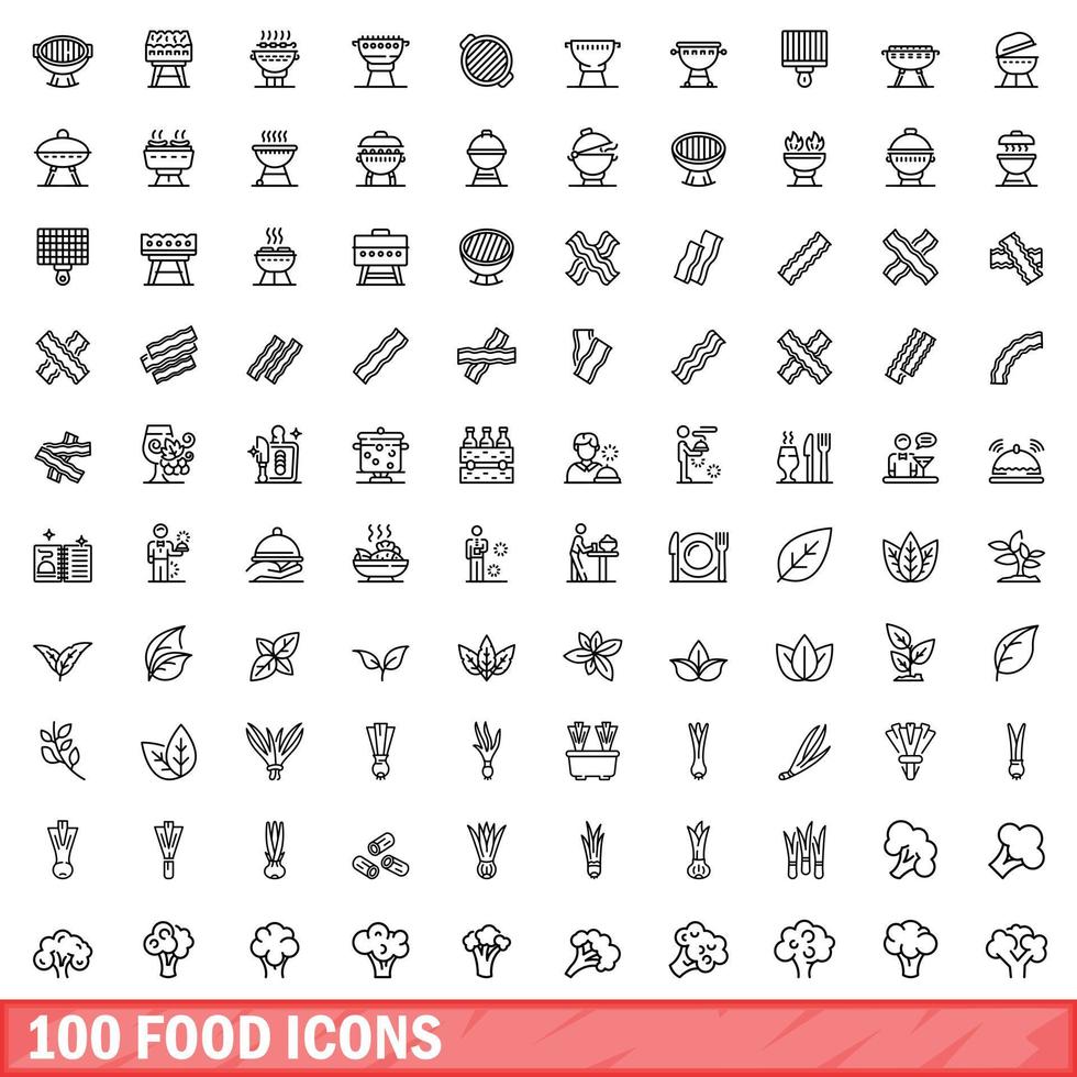 100 food icons set, outline style vector