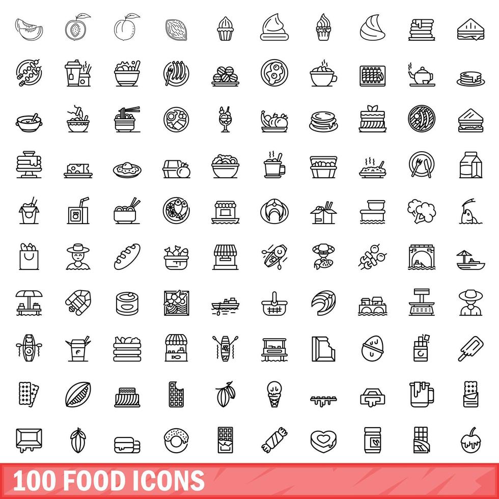 100 iconos de alimentos, estilo de esquema vector