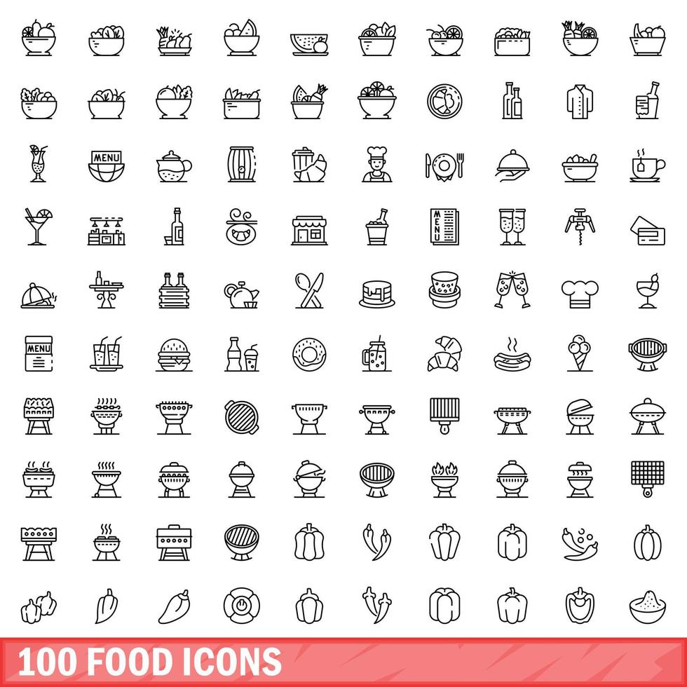 100 food icons set, outline style vector