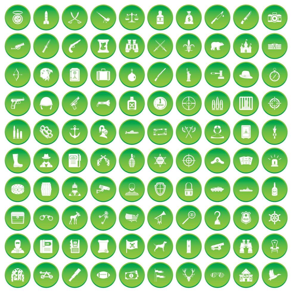 100 iconos de armas establecer círculo verde vector