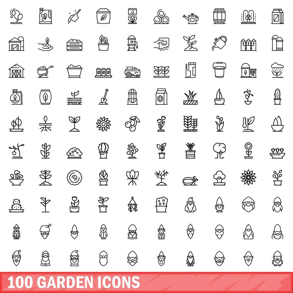 100 garden icons set, outline style vector