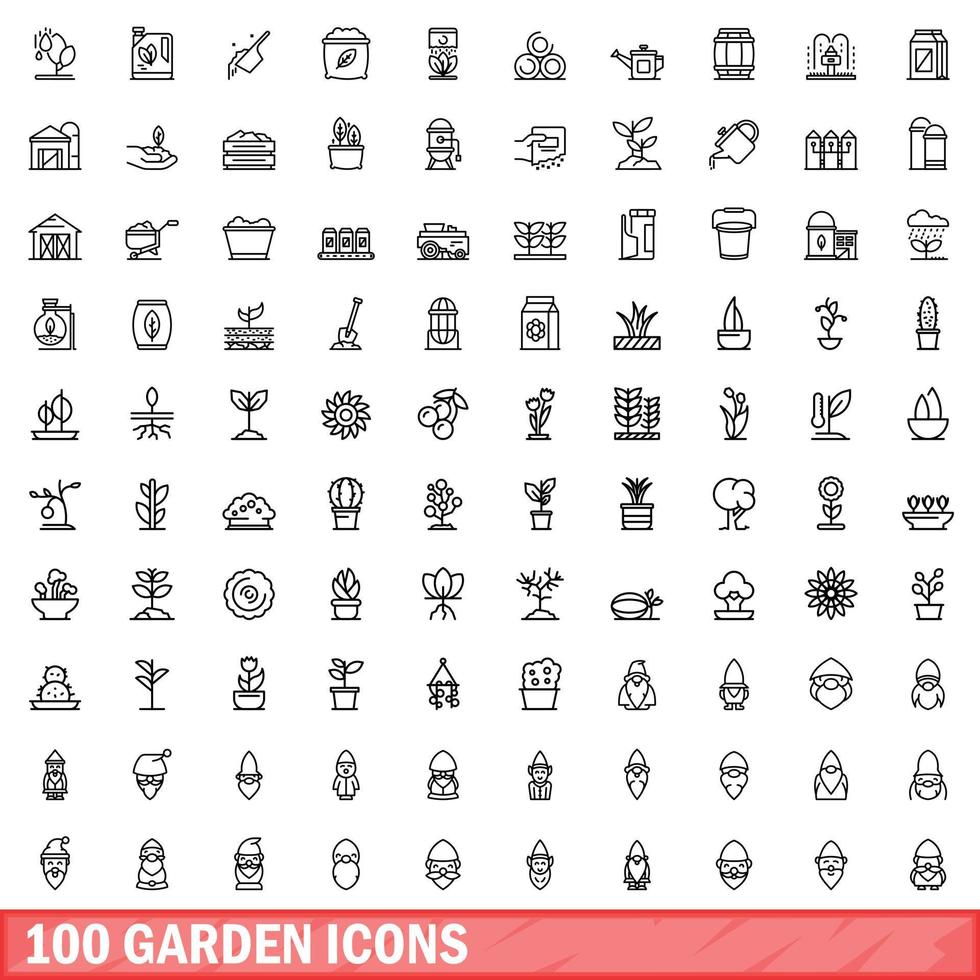 100 iconos de jardín, estilo de esquema vector