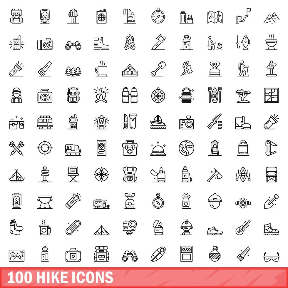 100 hike icons set, outline style vector