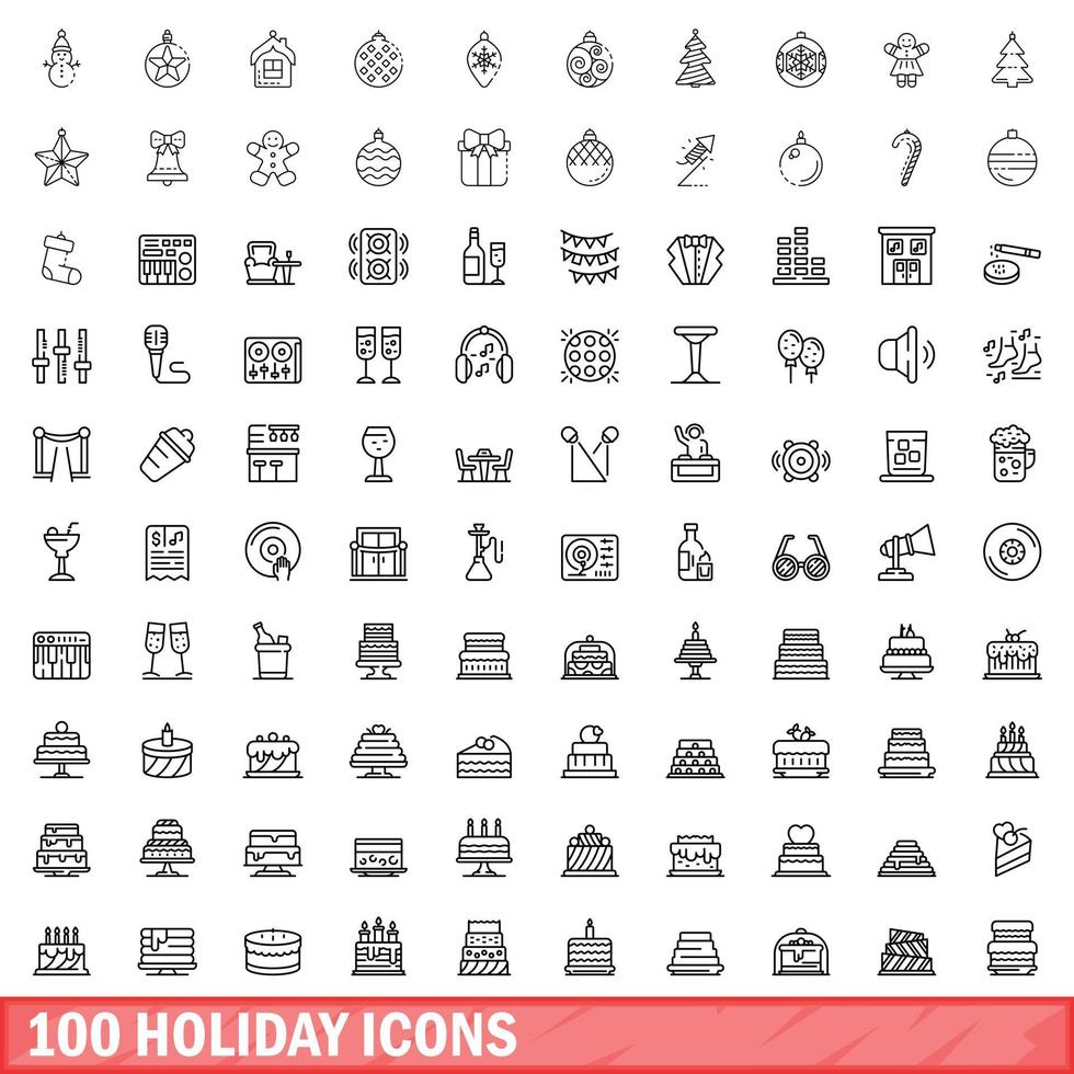 100 holiday icons set, outline style vector