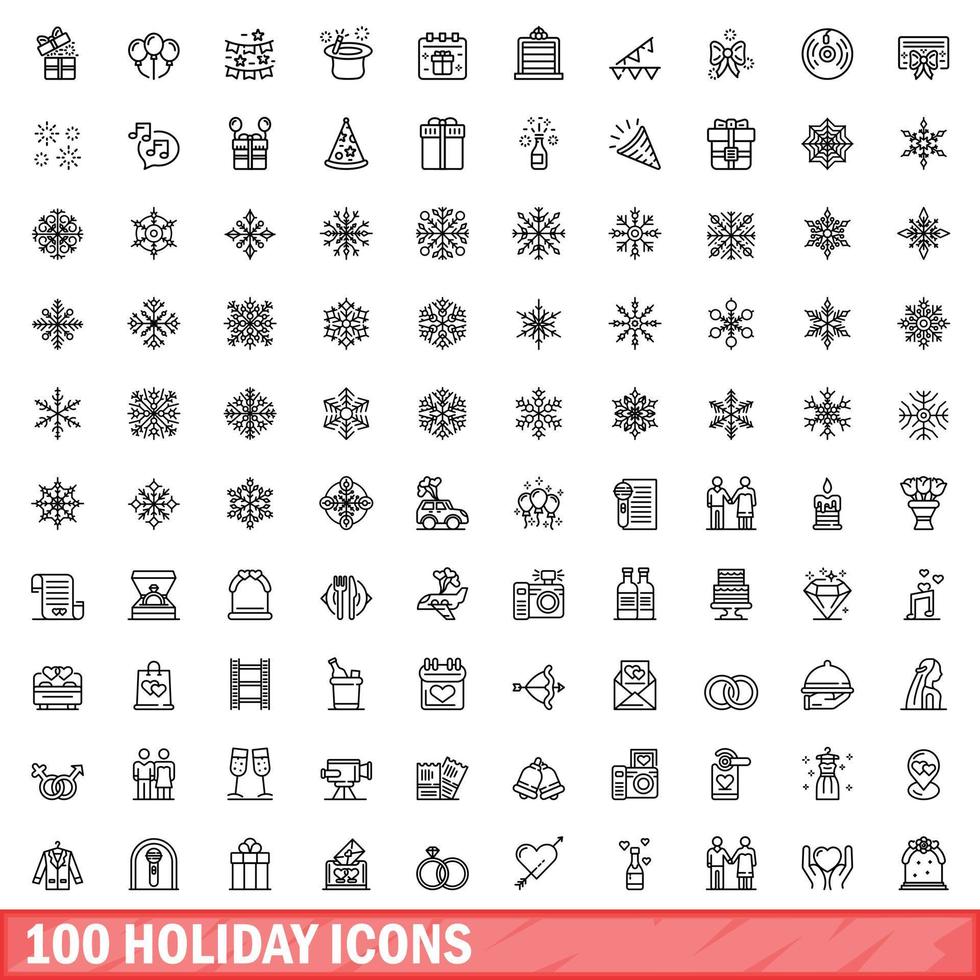100 iconos de vacaciones, estilo de esquema vector
