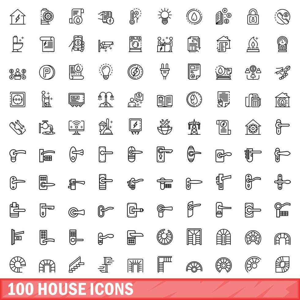 100 house icons set, outline style vector