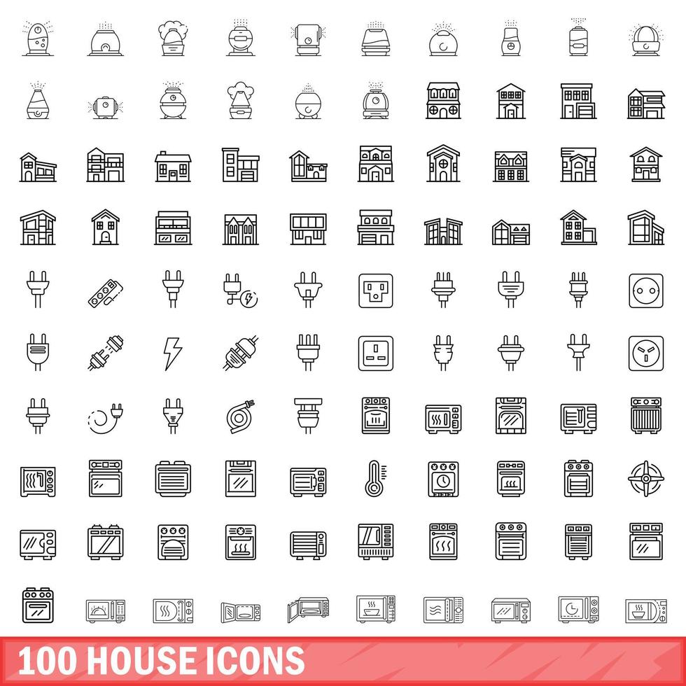 100 house icons set, outline style vector