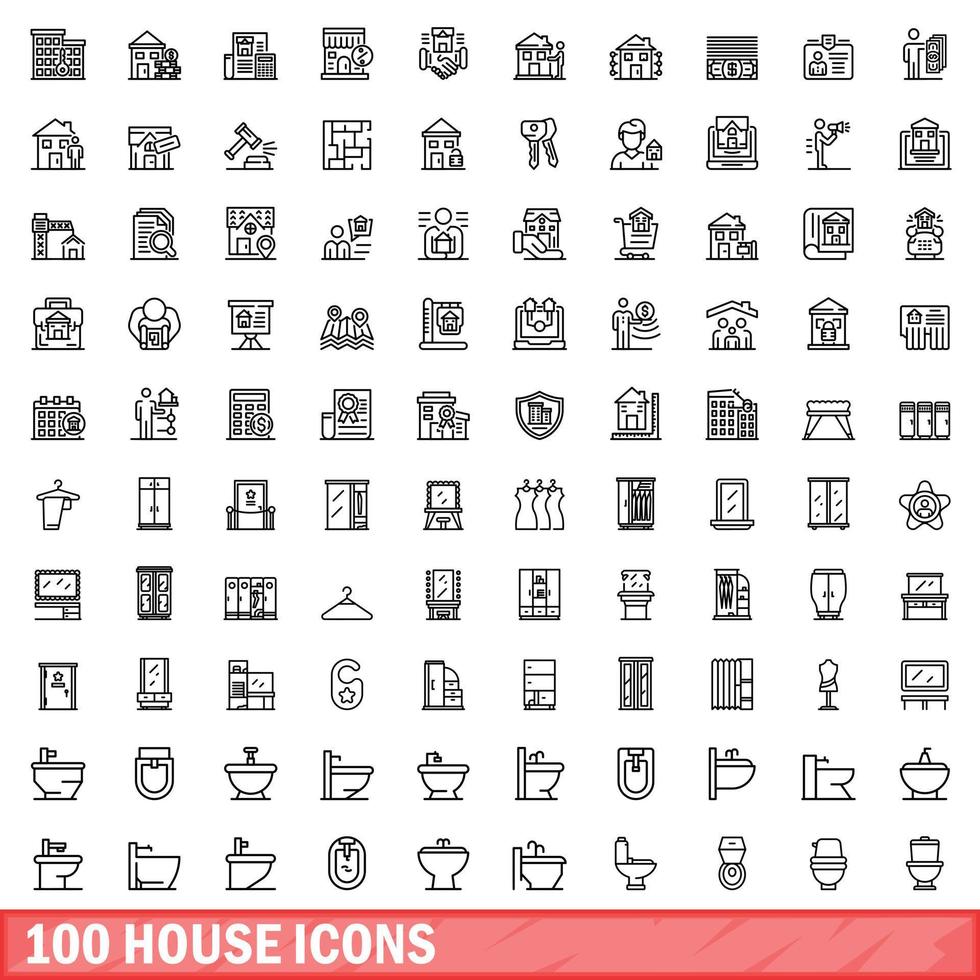 100 house icons set, outline style vector