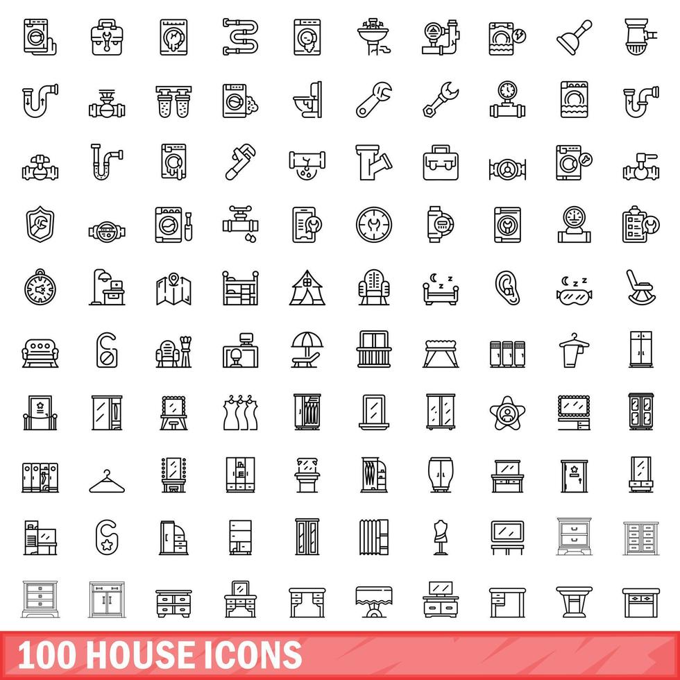 100 house icons set, outline style vector