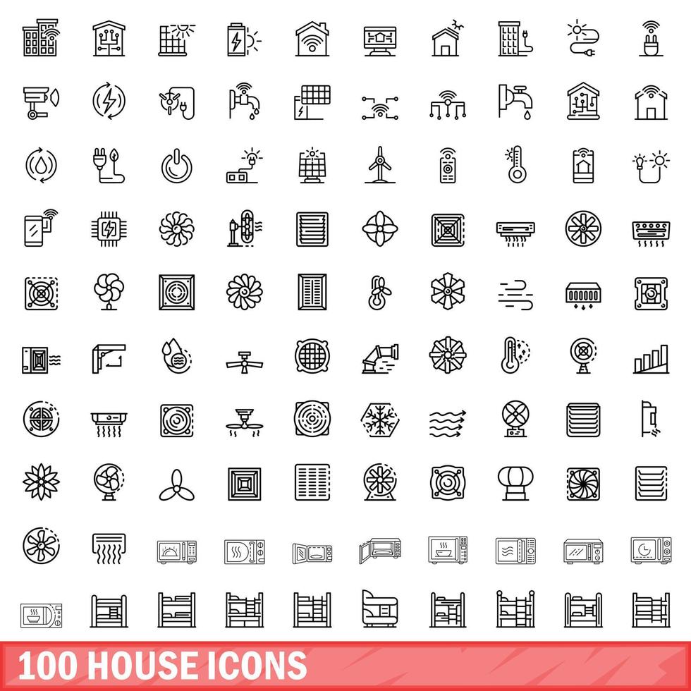 100 house icons set, outline style vector