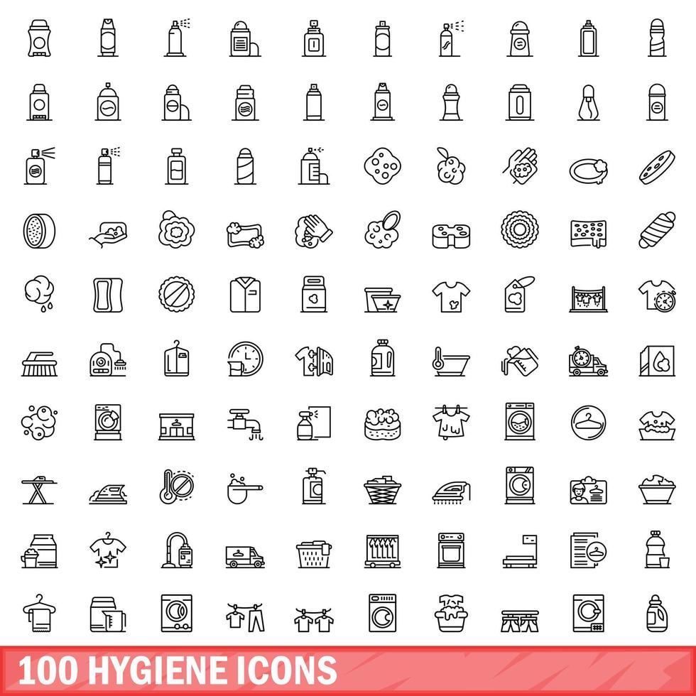 100 hygiene icons set, outline style vector