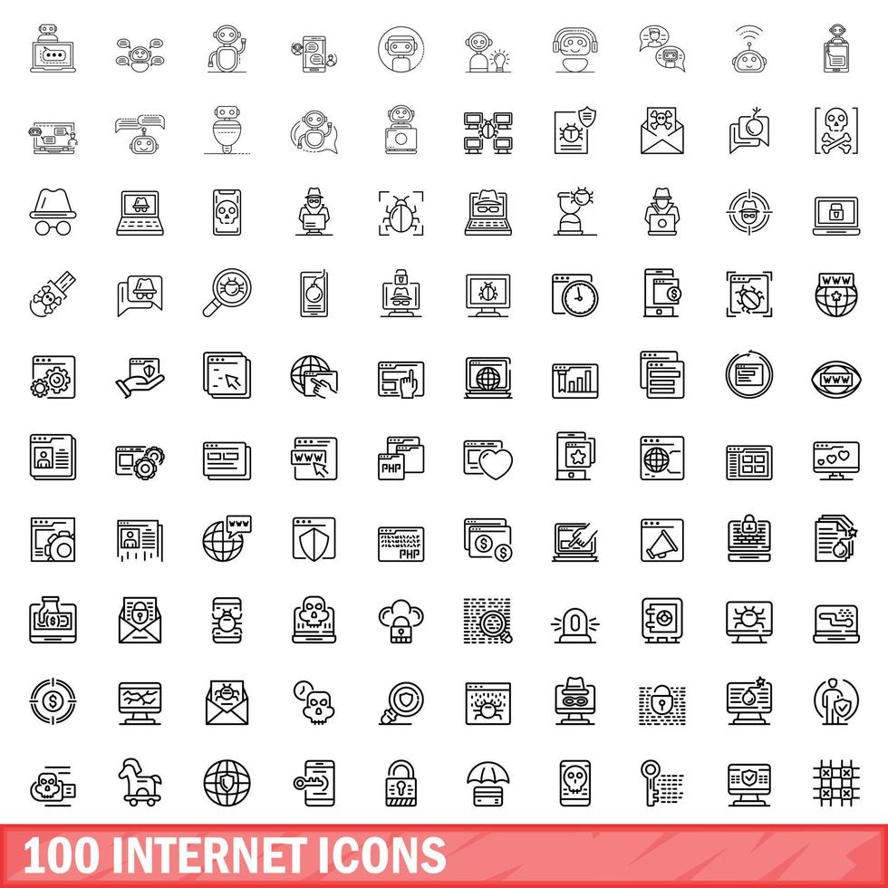 100 internet icons set, outline style vector