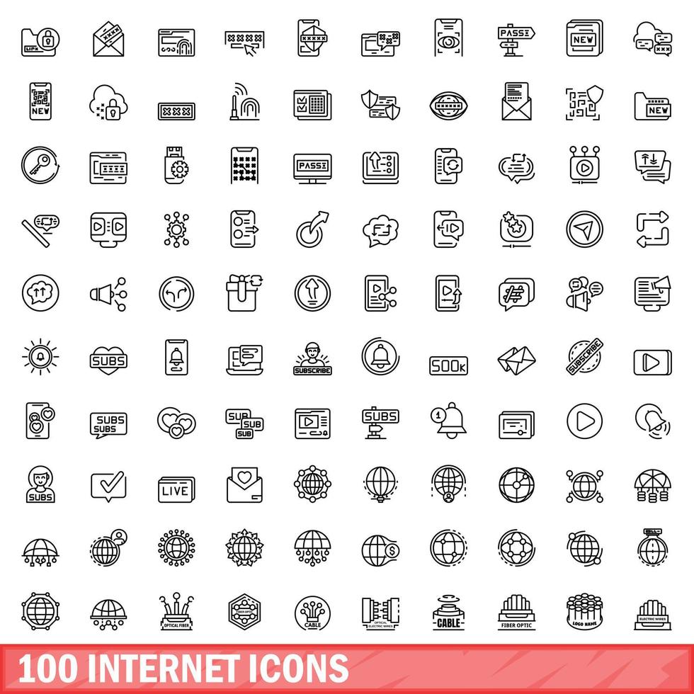 100 internet icons set, outline style vector