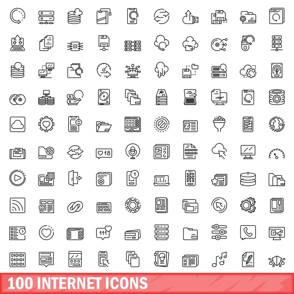 100 internet icons set, outline style vector