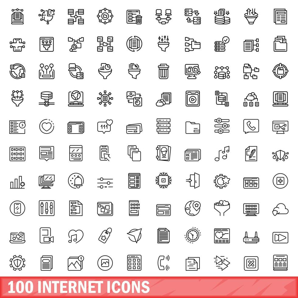 100 internet icons set, outline style vector