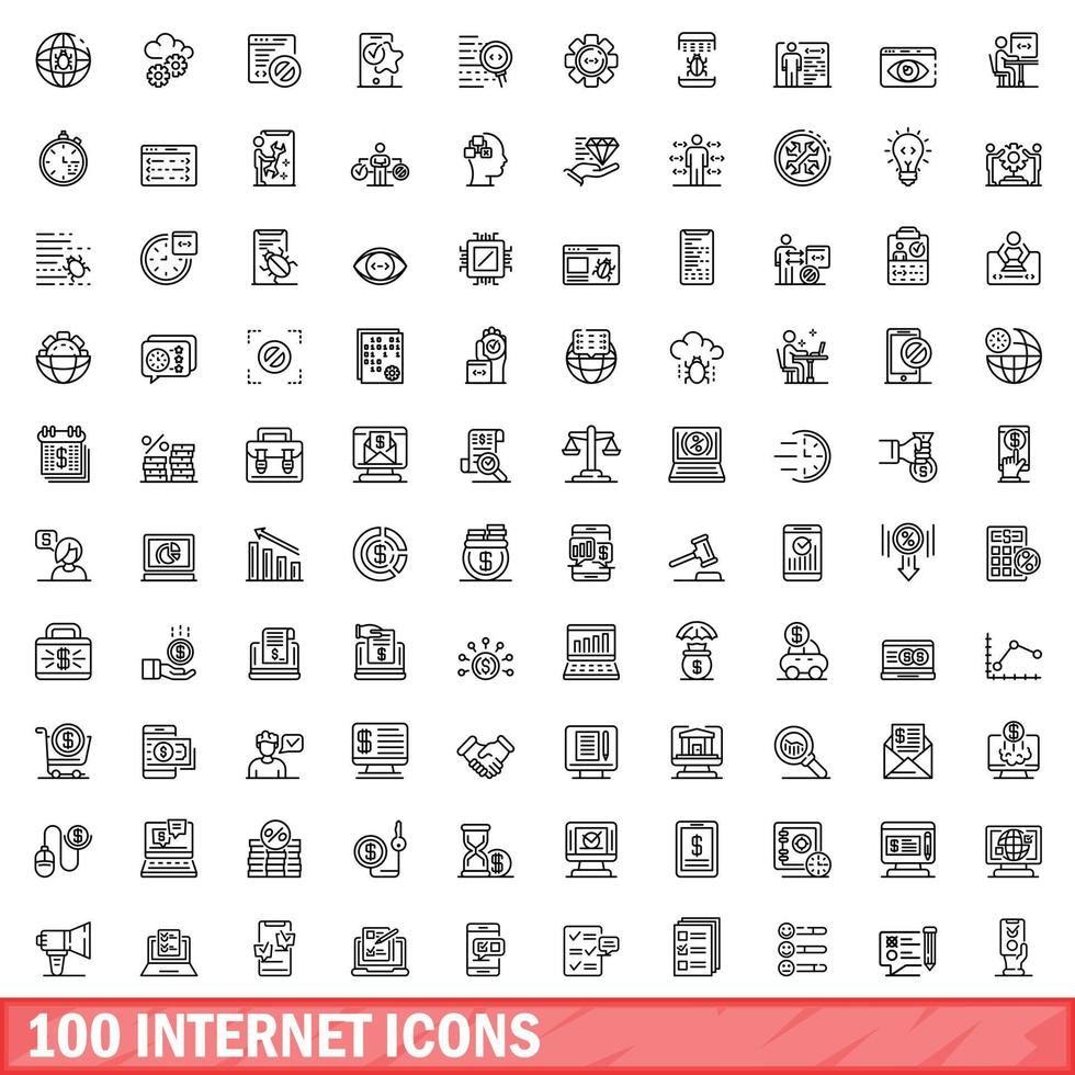 100 internet icons set, outline style vector