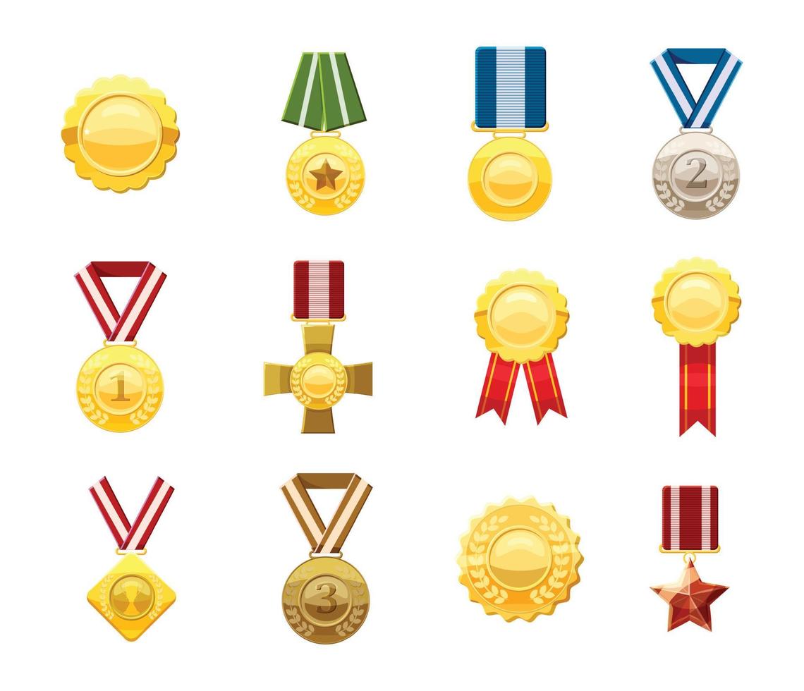 Gold medal icon set, cartoon style vector