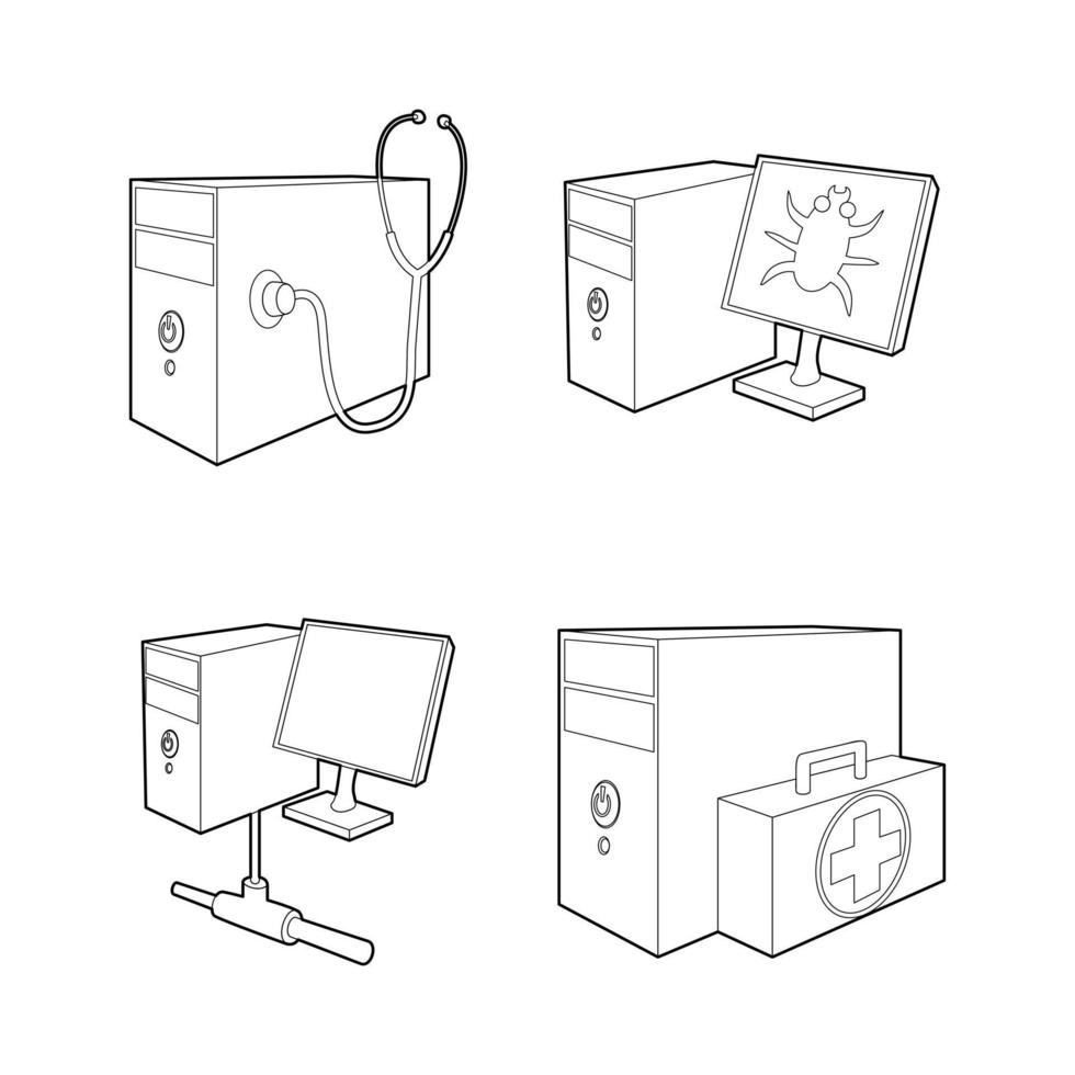 Pc icon set, outline style vector