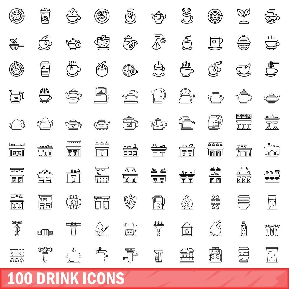 100 iconos de bebida, estilo de esquema vector