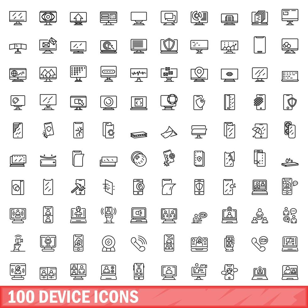 100 iconos de dispositivos establecidos, estilo de esquema vector