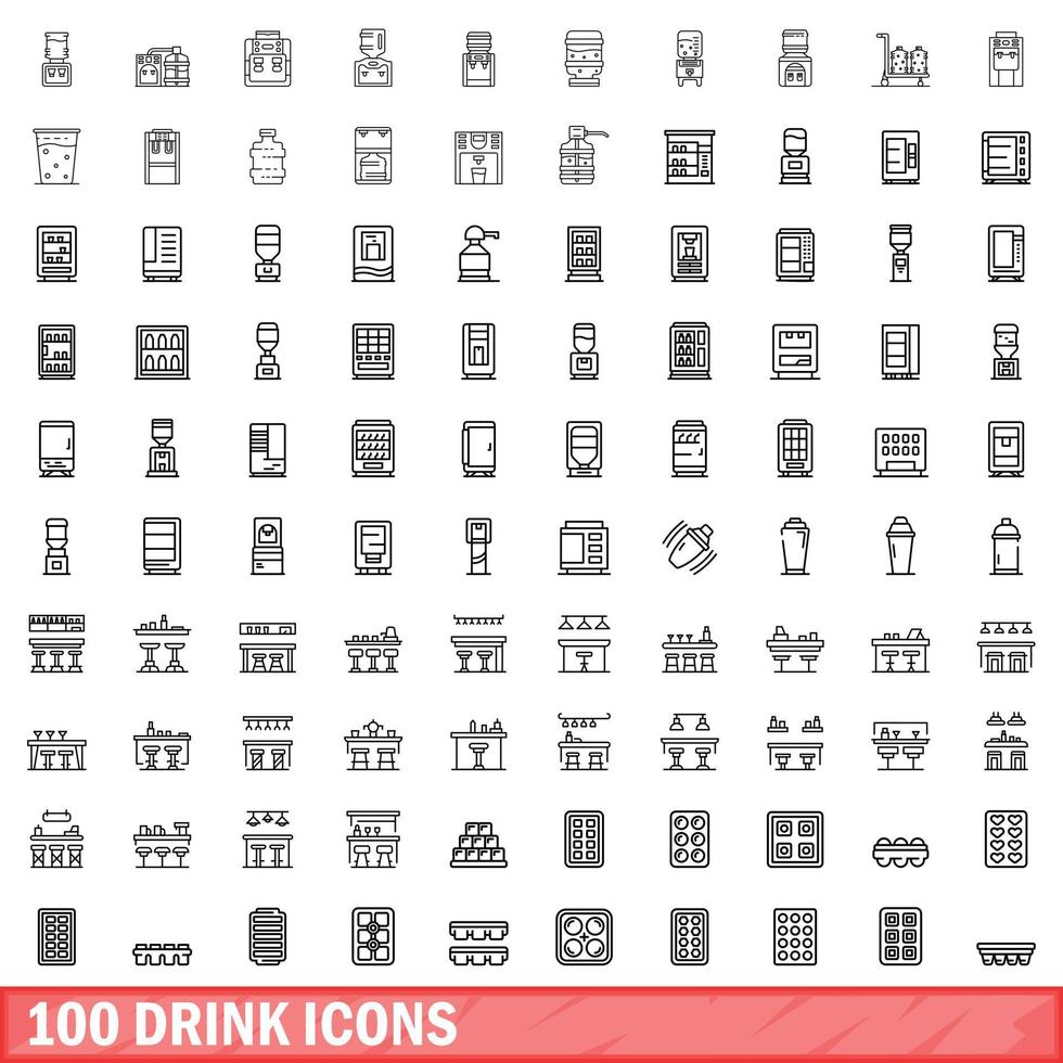 100 iconos de bebida, estilo de esquema vector