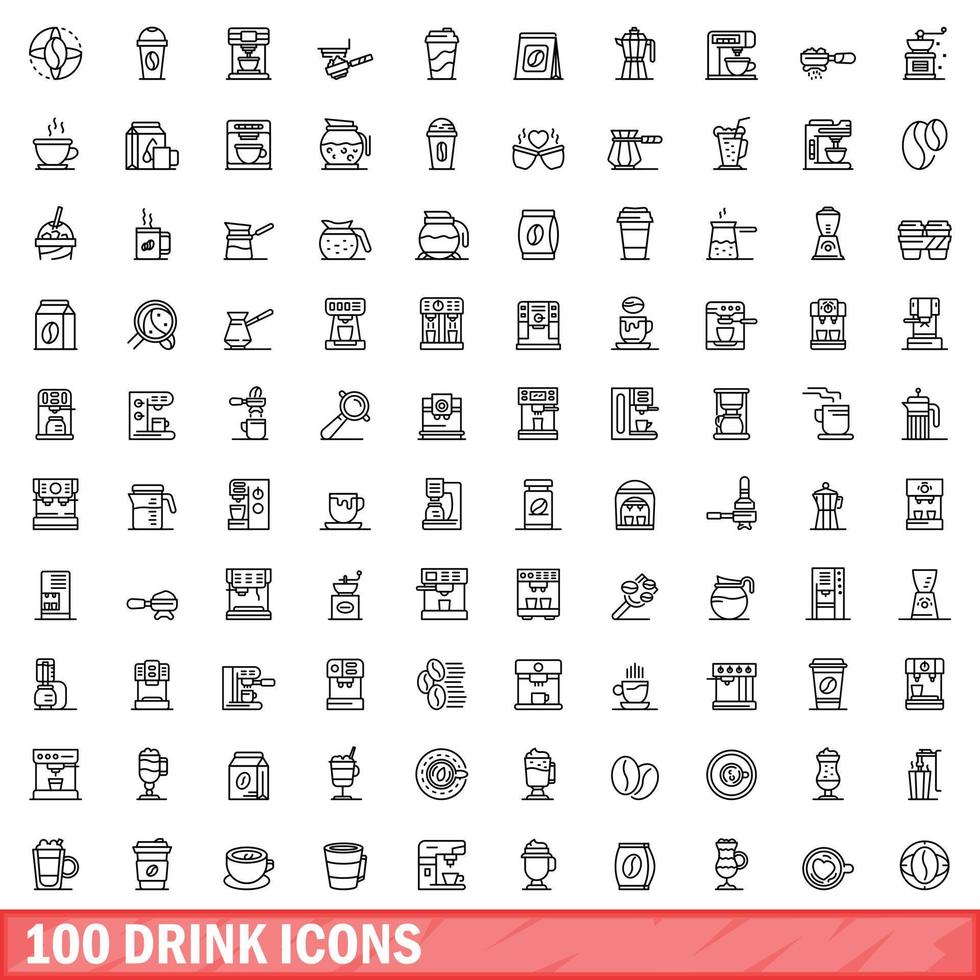 100 drink icons set, outline style vector