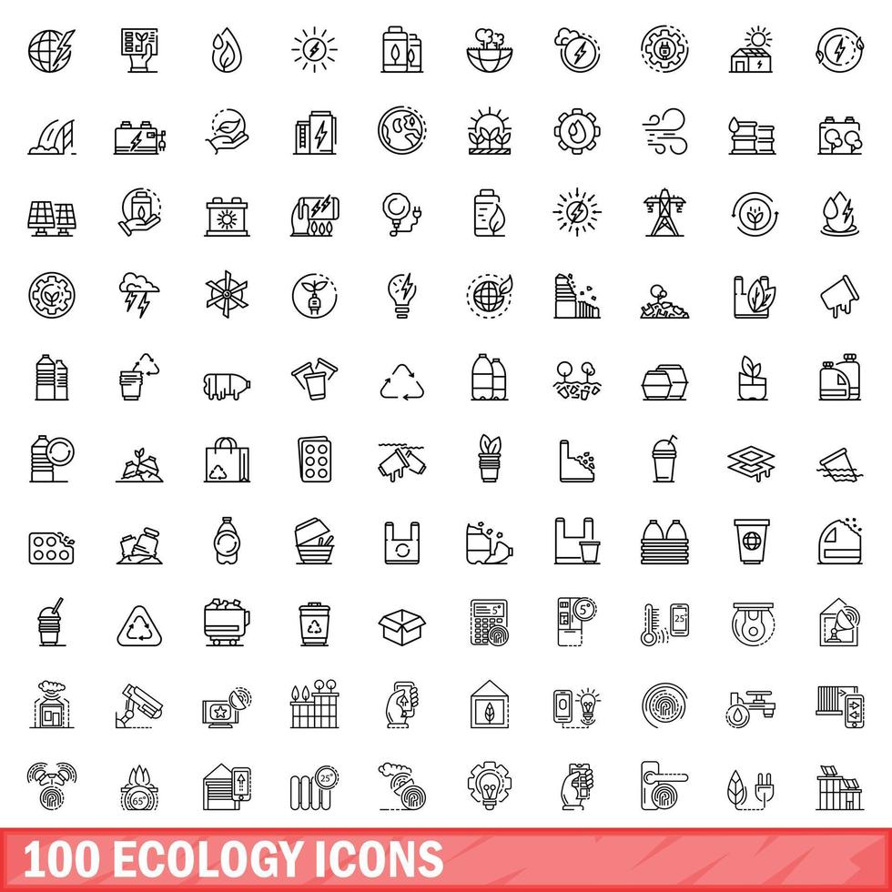 100 iconos de ecología, estilo de esquema vector