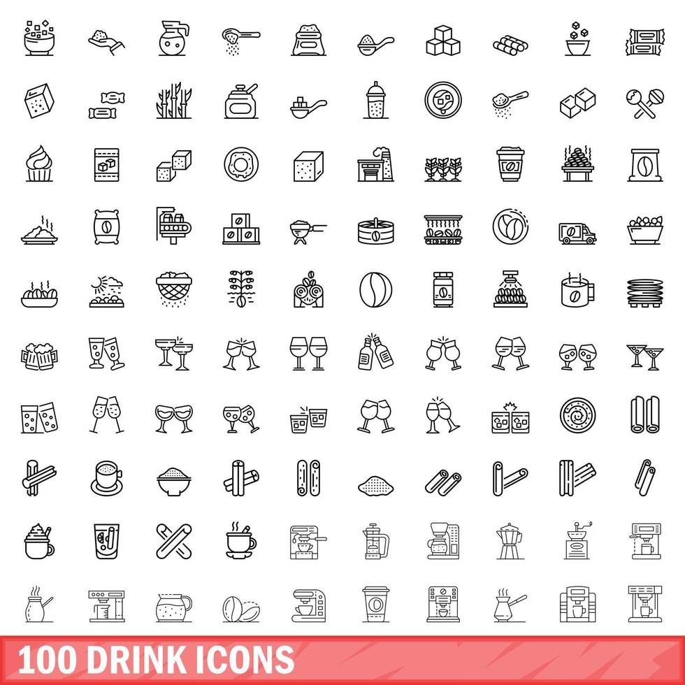 100 drink icons set, outline style vector