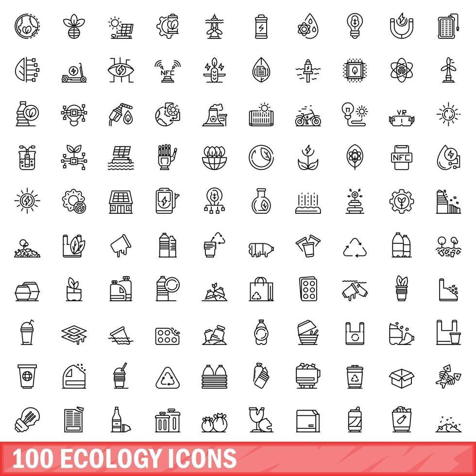 100 iconos de ecología, estilo de esquema vector