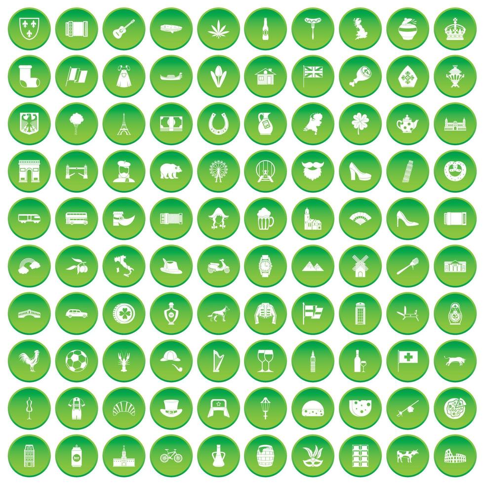 100 iconos de Europa establecer círculo verde vector