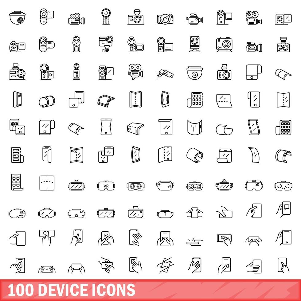 100 device icons set, outline style vector