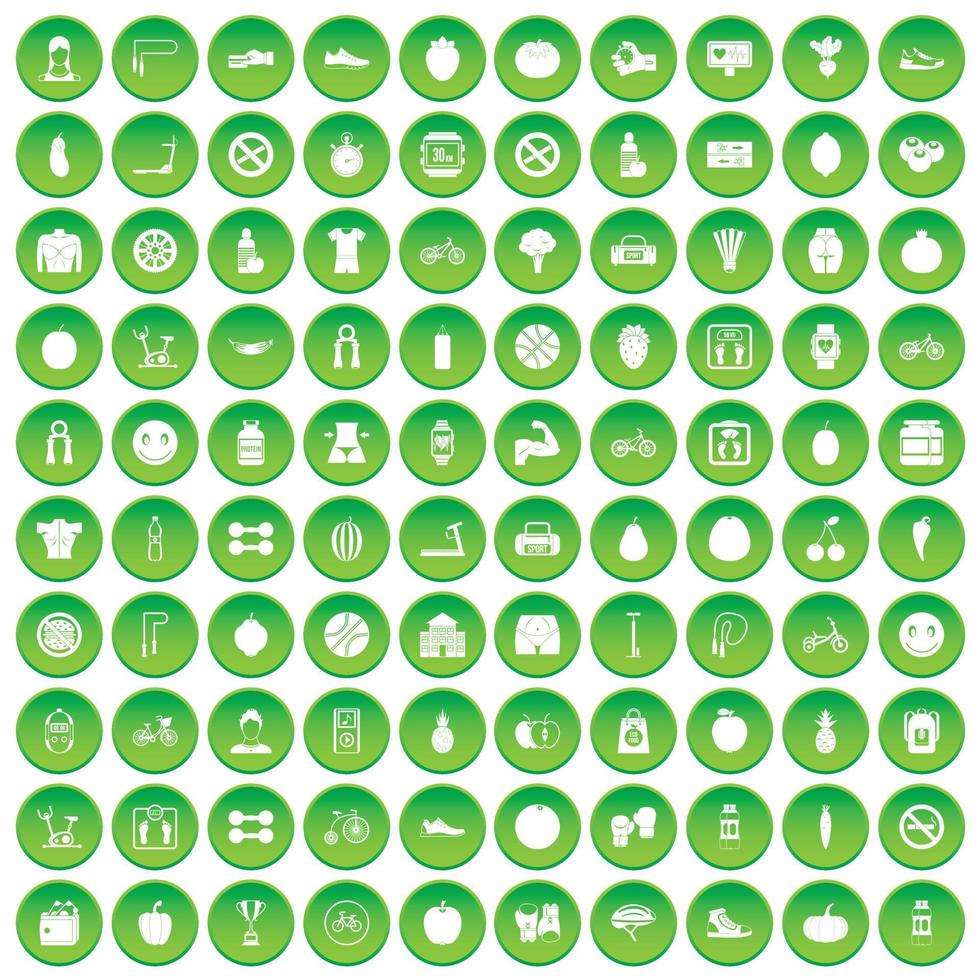 100 iconos de fitness establecer círculo verde vector