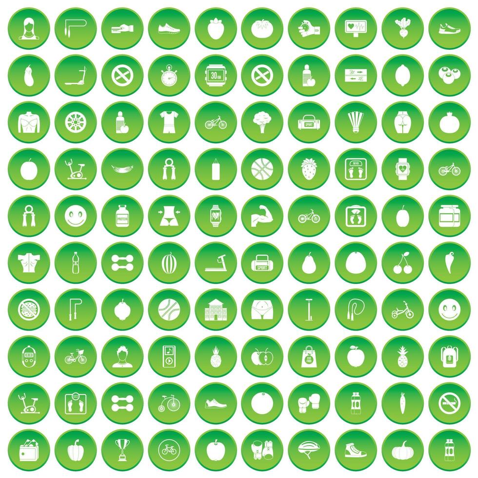 100 fitness icons set green circle vector