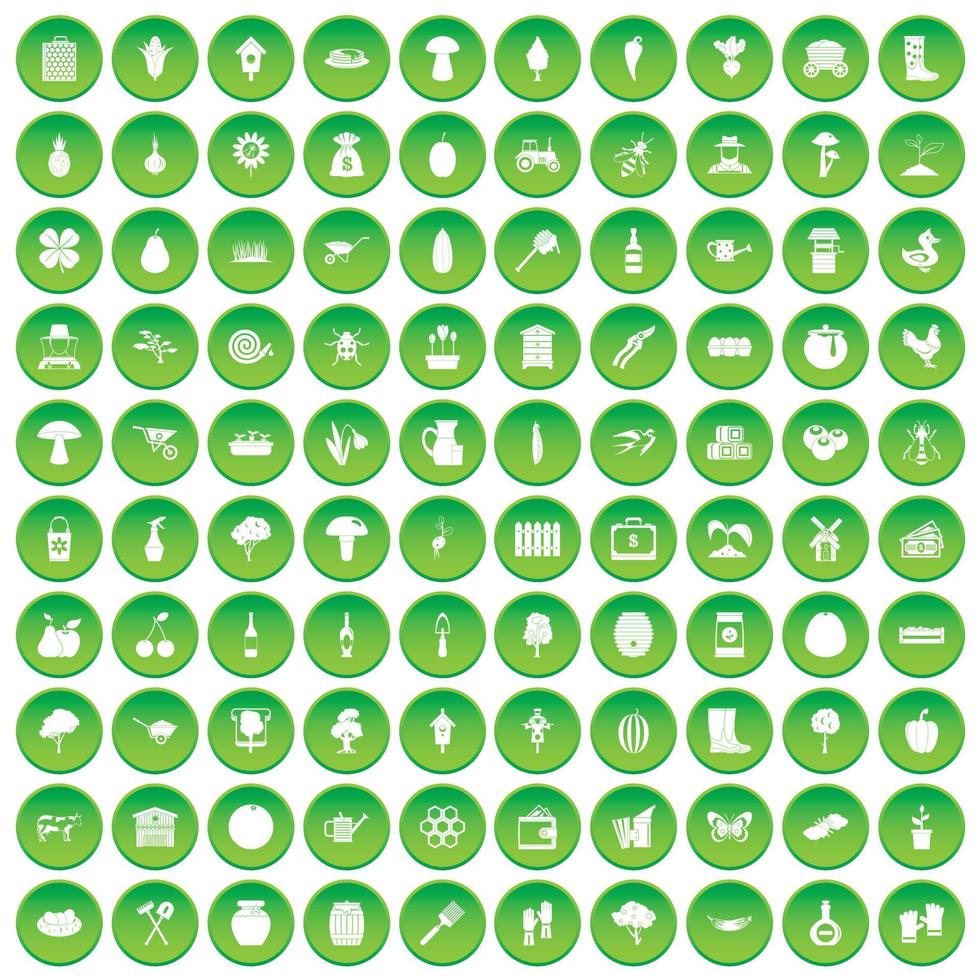 100 farming icons set green circle vector