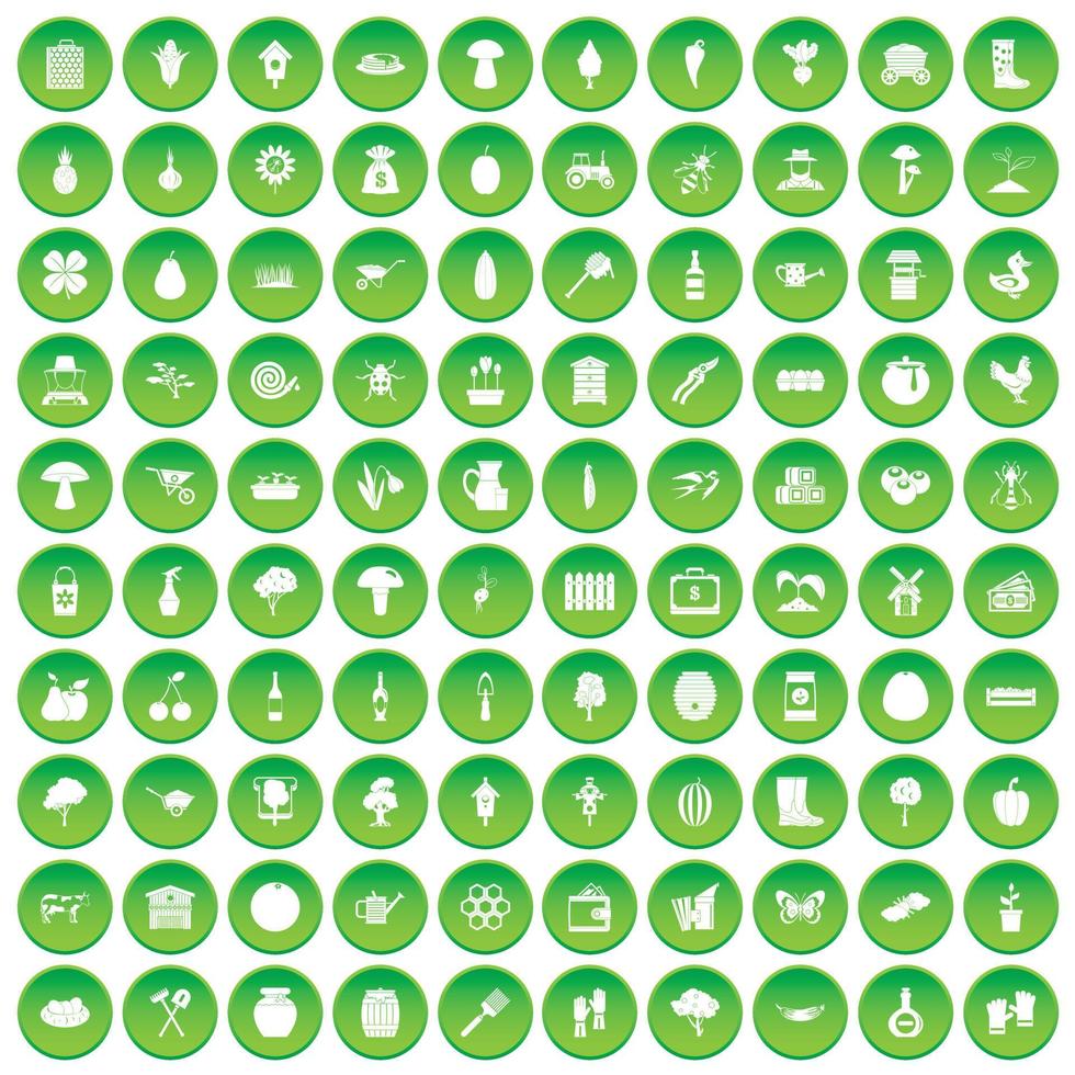 100 iconos agrícolas establecer círculo verde vector