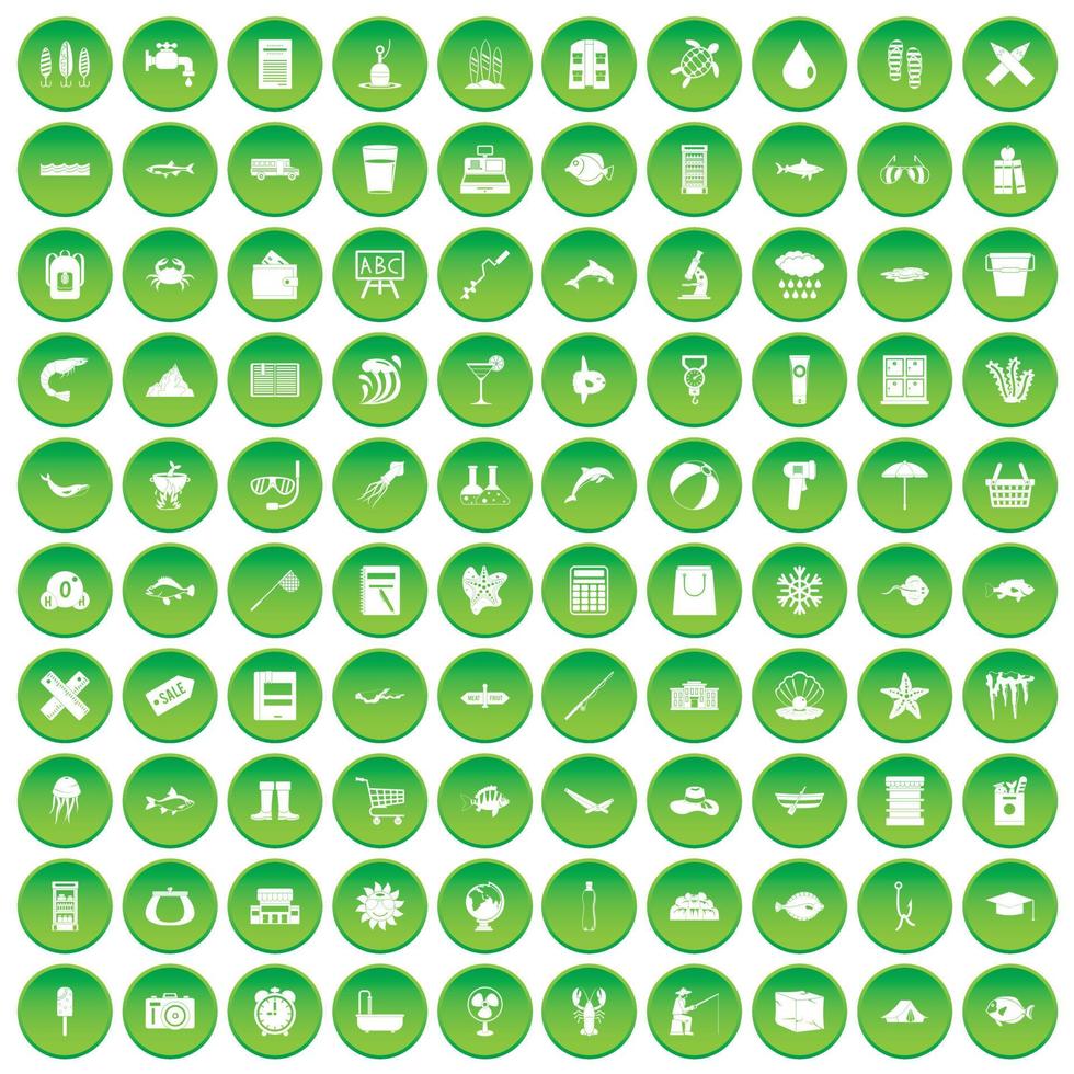 100 iconos de pescado en círculo verde vector