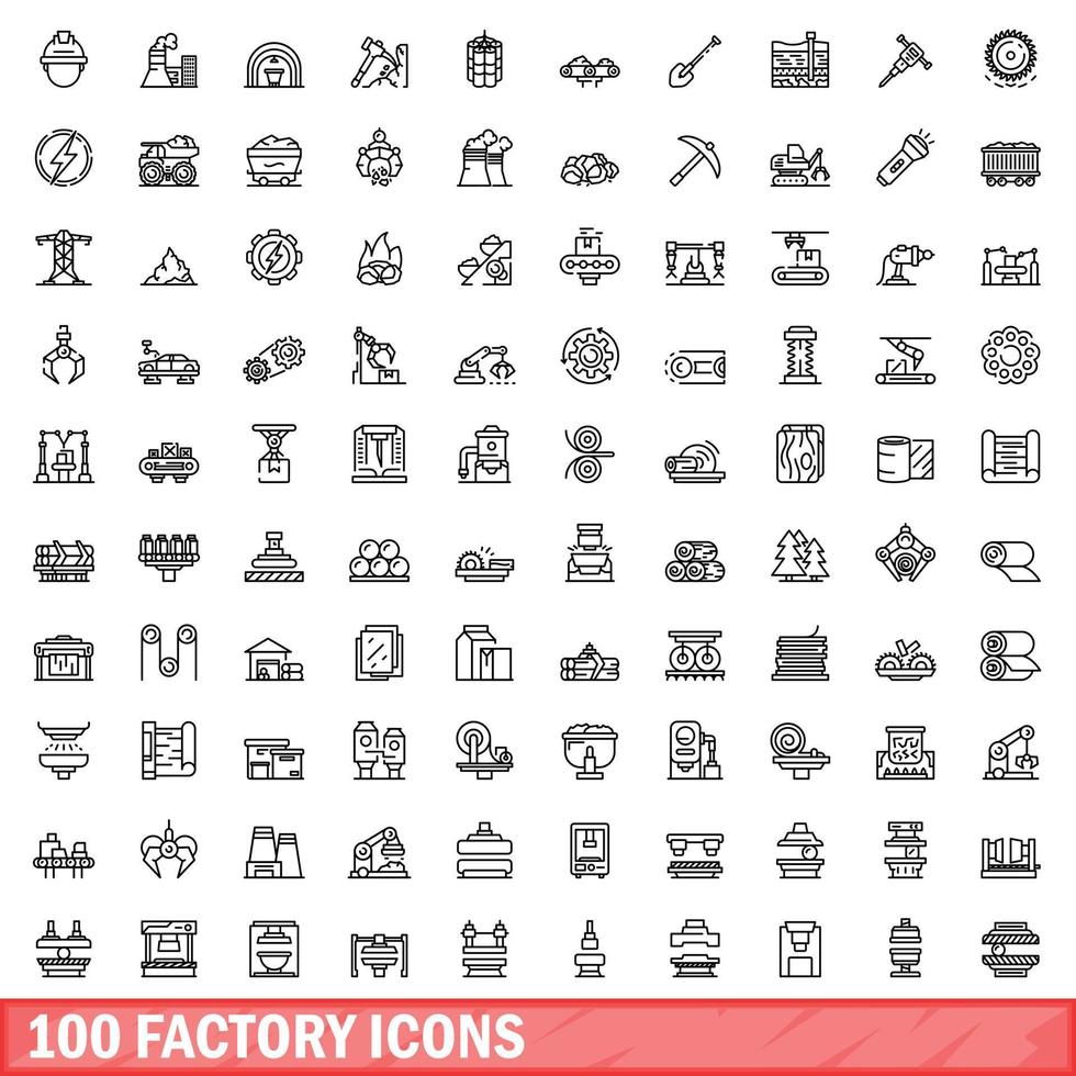 100 iconos de fábrica establecidos, estilo de contorno vector