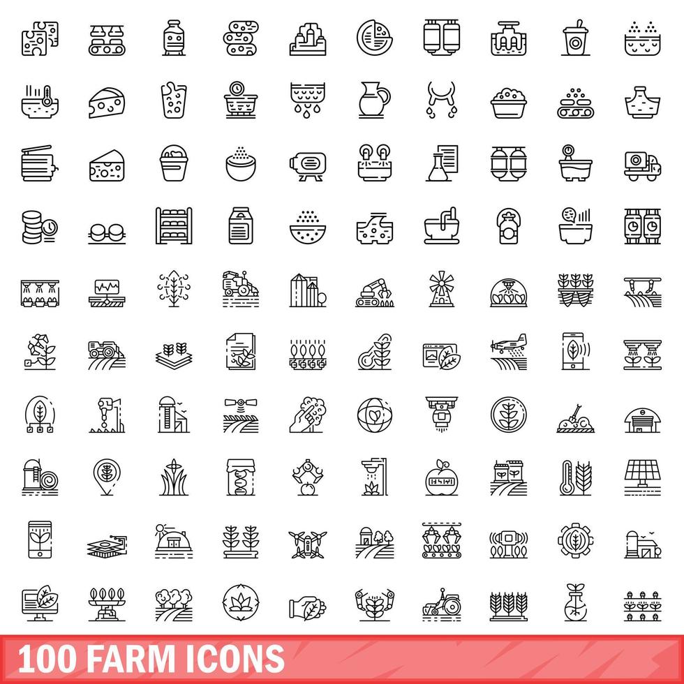 100 farm icons set, outline style vector