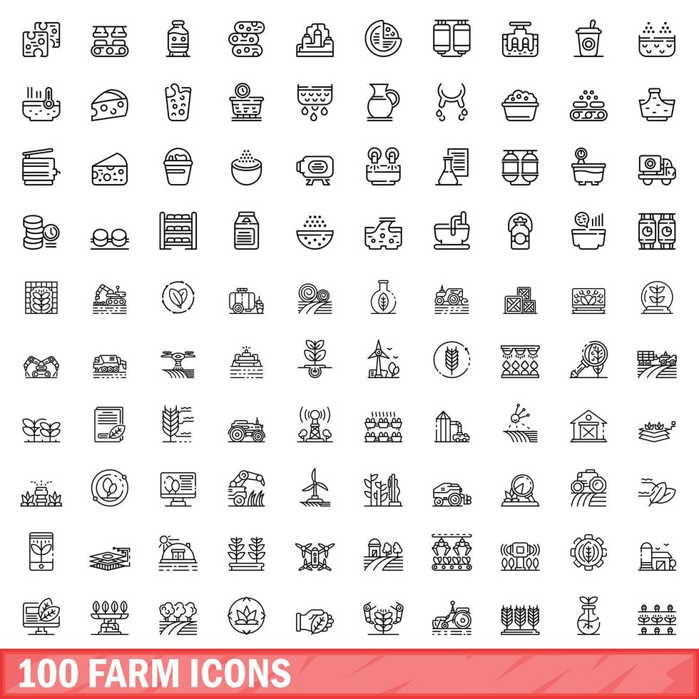 100 farm icons set, outline style vector