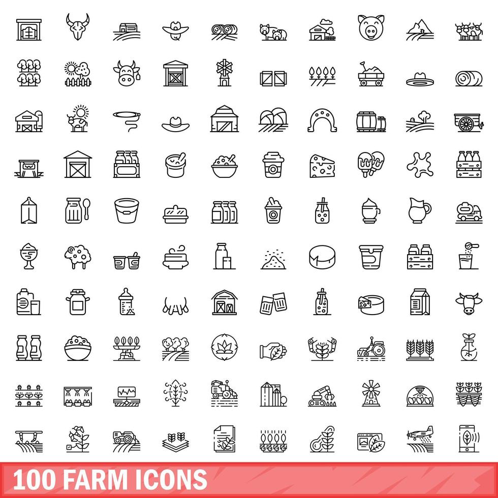 100 iconos de granja, estilo de esquema vector