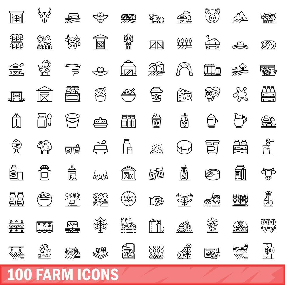 100 farm icons set, outline style vector