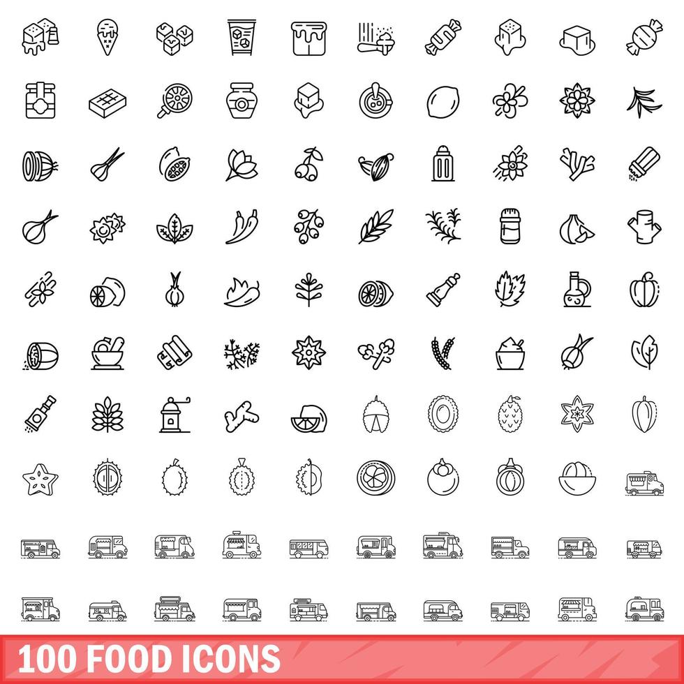 100 food icons set, outline style vector