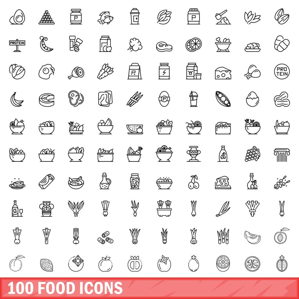 100 food icons set, outline style vector