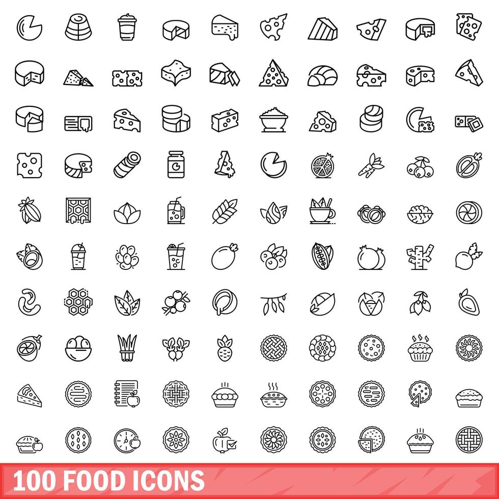 100 food icons set, outline style vector