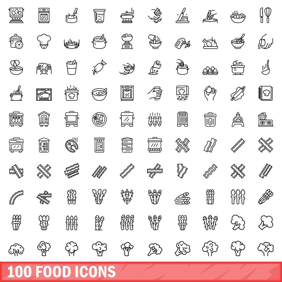 100 food icons set, outline style vector