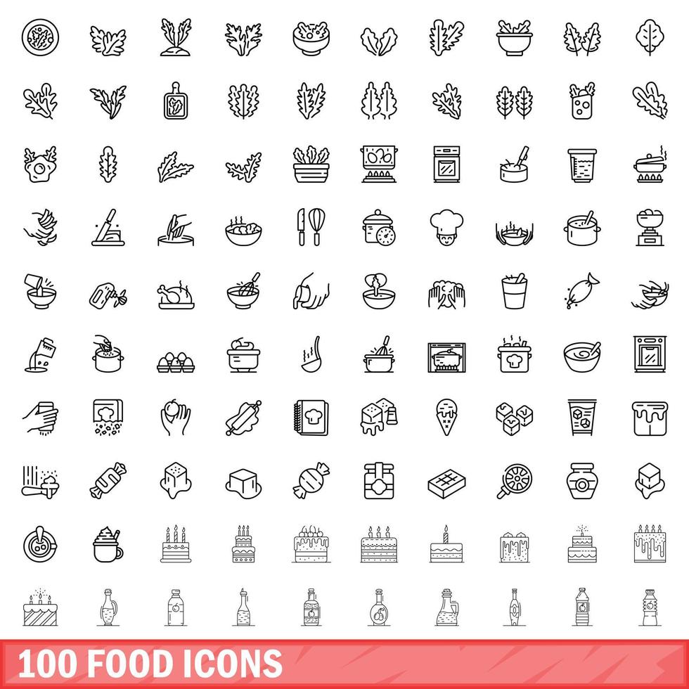 100 food icons set, outline style vector
