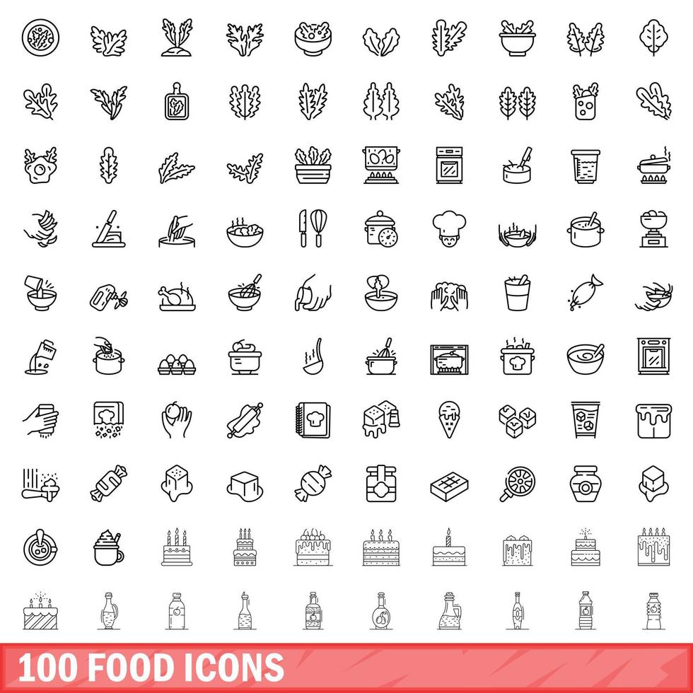 100 iconos de alimentos, estilo de esquema vector