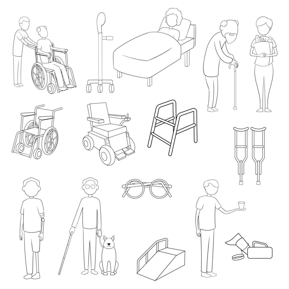 Disability people care icon set outline vector